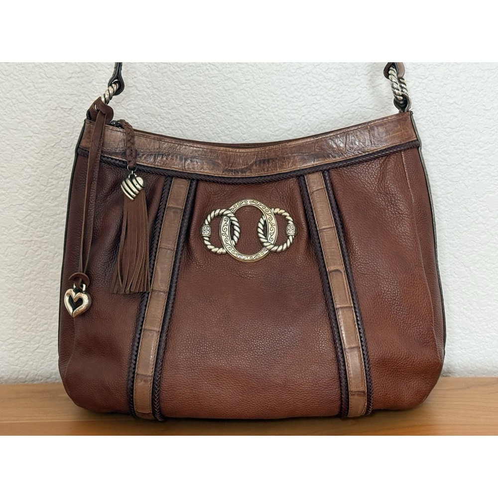 Brighton Brown Pebbled‎ Leather Shoulder Bag Croc Embossed/Braided Equestrian